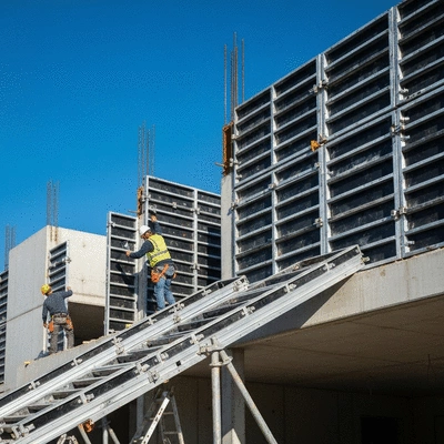 Construction workers assembling aluminum formwork on a building site
