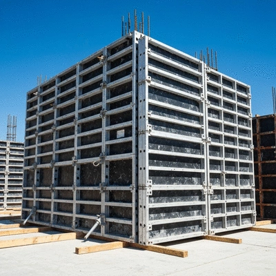 Detailed shot of aluminum formwork components on a construction site, clean and organized, no text, no words, no typography, 8K, professional photography
