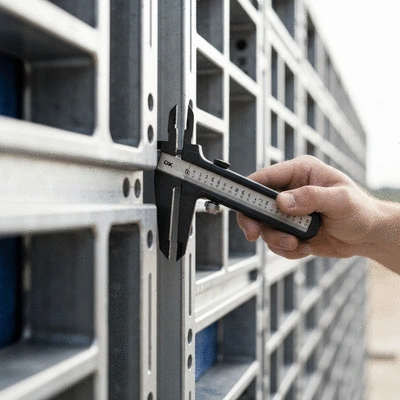 Close-up of an aluminum formwork panel being inspected with a measuring tool
