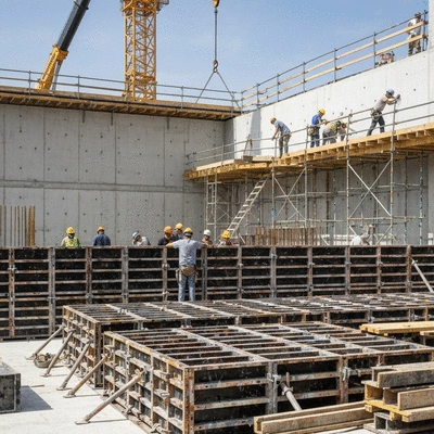 Construction workers assembling modular formwork on a building site