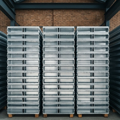 Clean, stacked aluminum formwork panels in a dry storage area