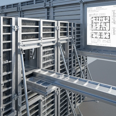 3D model of a building structure with aluminum formwork, showing detailed components and digital planning overlay