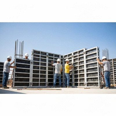 Construction workers assembling aluminum formwork panels on a building site