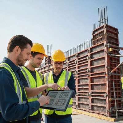 Engineers and construction managers collaborating using digital twin technology on a tablet, with modular formwork in the background, clean image