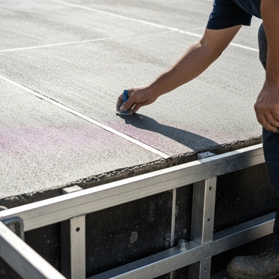 Close-up of a construction worker inspecting a smooth concrete finish achieved with aluminum formwork, focus on quality, no text, no words, no typography, clean image