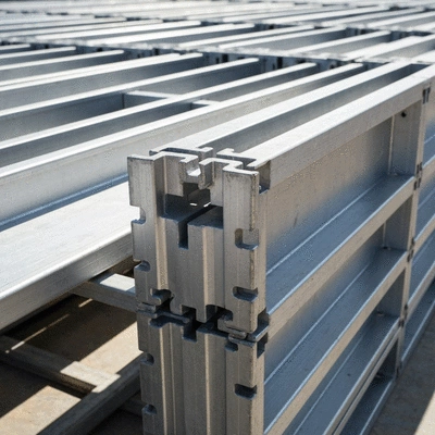 Close-up of aluminium formwork panels on a construction site, highlighting lightweight and modular design, bright daylight