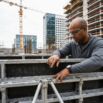Construction worker inspecting a precision formwork panel for quality and alignment