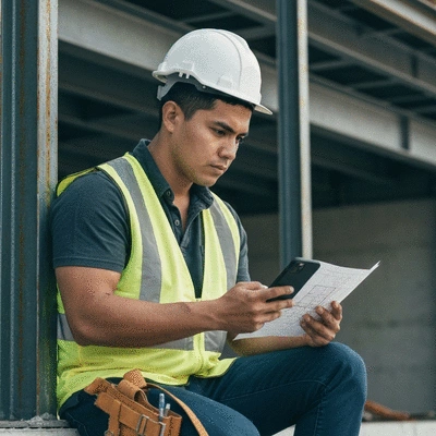 Construction worker on site reviewing safety checklist on a clipboard, with aluminum formwork in the background