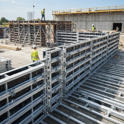 Detailed view of aluminium formwork system components on a construction site