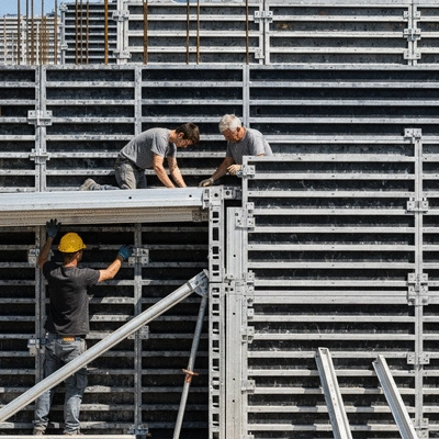 Construction workers assembling aluminum formwork on a building site