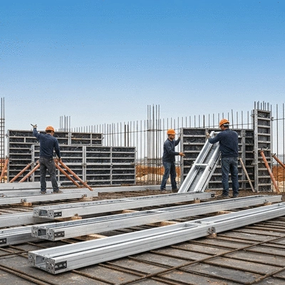 Workers assembling lightweight aluminum formwork panels on a construction site