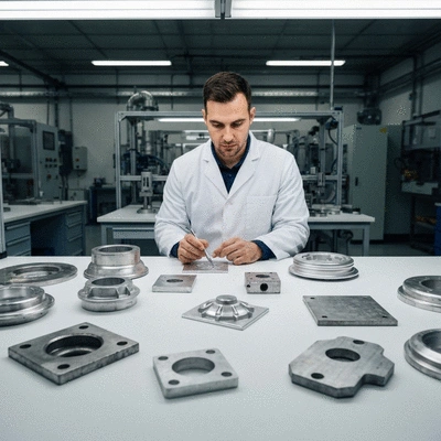 Engineer inspecting samples of aluminum alloys on a workbench in a lab setting
