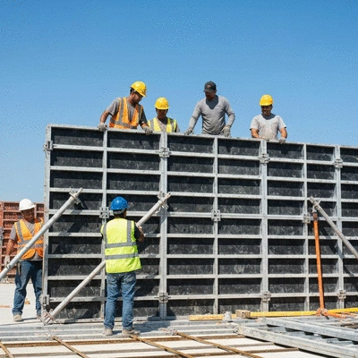 Construction workers assembling modular aluminium formwork on a building site