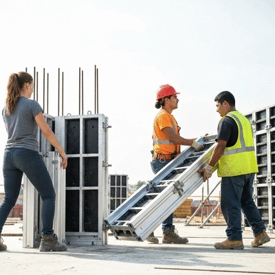Lightweight modular aluminum formwork being easily handled by construction workers with safety gear on a construction site