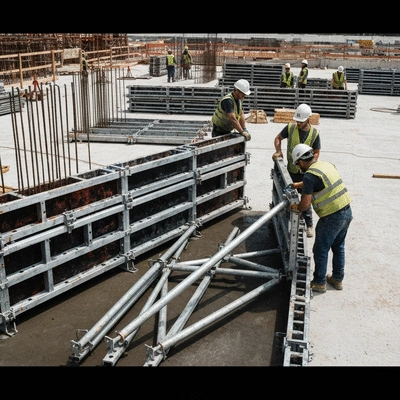 Modern construction site with aluminum formwork being assembled