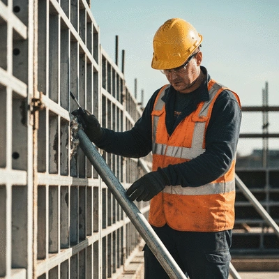 Worker inspecting aluminum formwork for maintenance