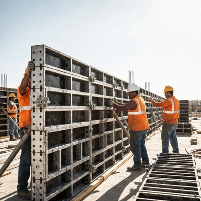 Construction workers efficiently assembling modular aluminum formwork on a job site
