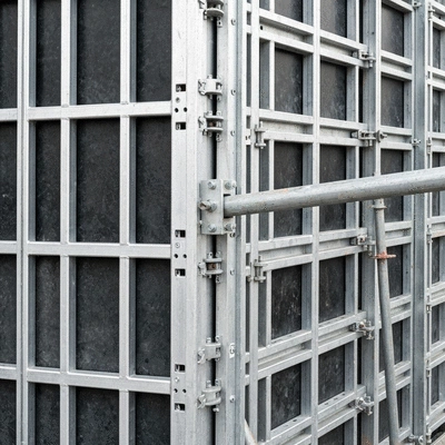 Detailed view of an aluminium formwork system components on a construction site