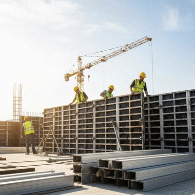 Modern construction site with aluminum formwork being assembled, workers in safety gear