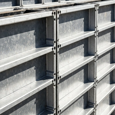 Detailed close-up of interlocking aluminum formwork panels on a construction site, highlighting durability and precision, clean image, no text, no words, no typography, 8K