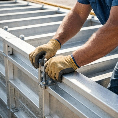 Close-up of construction workers securing formwork fasteners