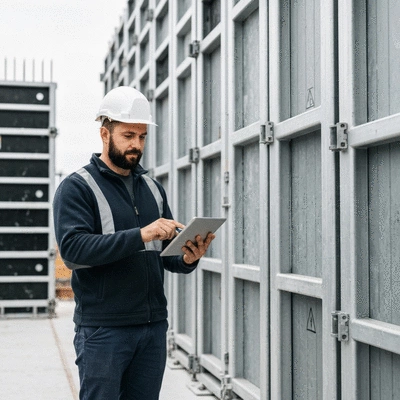 Construction worker reviewing a digital maintenance checklist on a tablet, surrounded by aluminium formwork on site