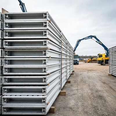Stack of aluminium formwork panels being prepared for transport on a construction site