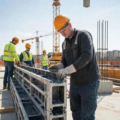 Construction worker assembling modular aluminum formwork on a building site