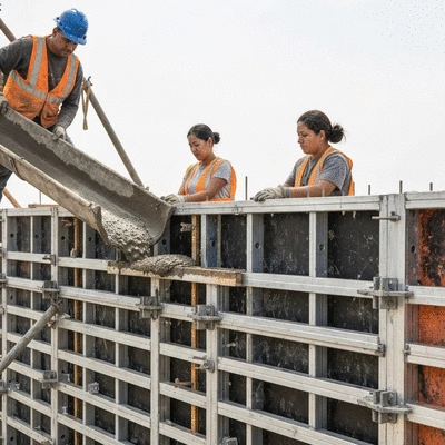Detailed aluminum formwork structure during a concrete pour on a construction site, no text, no words, no typography, clean image