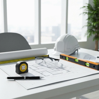 Blueprint and construction tools on a desk