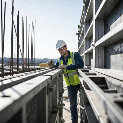 Detailed close-up of a construction worker inspecting aluminium formwork for wear and tear on a clean construction site