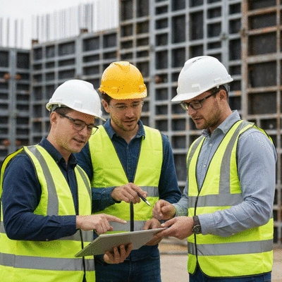 Construction team discussing plans with aluminium formwork in the background