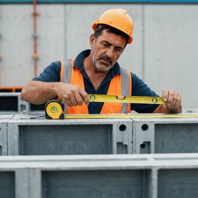 Close-up of construction worker inspecting aluminium formwork for quality control