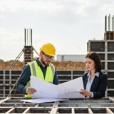 Engineers reviewing blueprints at a construction site with aluminum formwork in the background