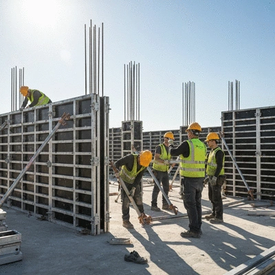 Construction workers assembling modular aluminium formwork on a building site