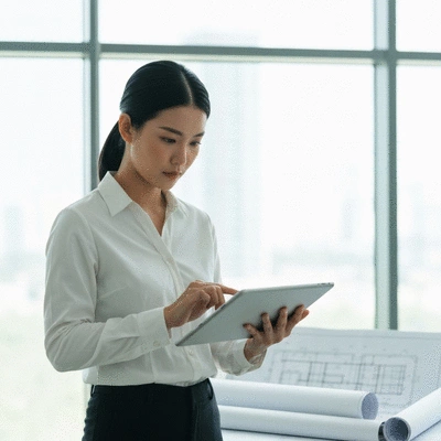Architect reviewing aluminum formwork designs on a tablet, with construction blueprints in the background