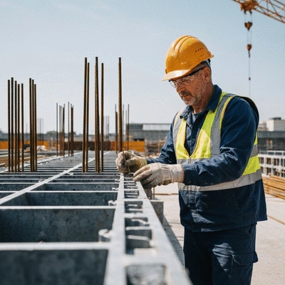 Construction worker wearing safety gear inspecting aluminium formwork