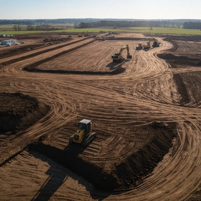 Construction site with levelled ground and heavy machinery in the background, no text, no words, no typography