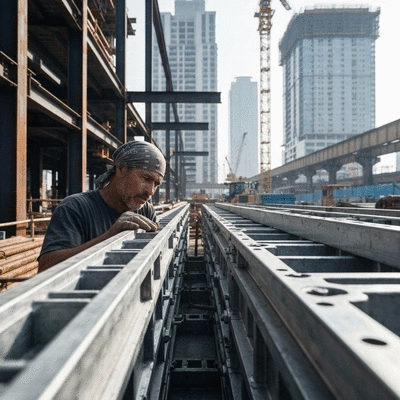 Close-up of a construction worker inspecting a section of assembled aluminium formwork