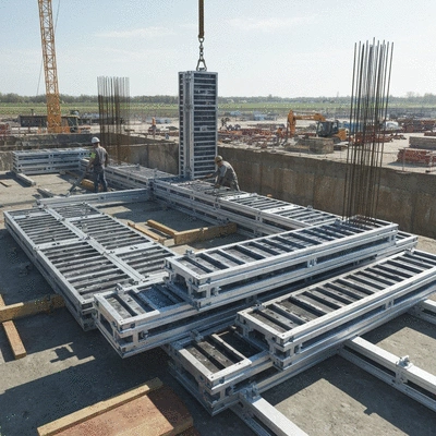 Modular aluminum formwork components being assembled on a construction site