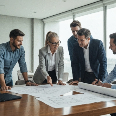 Architects and engineers reviewing construction project blueprints on a table