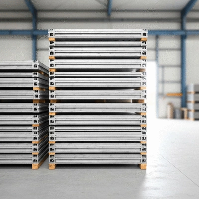 Clean, stacked aluminum formwork panels in a dry storage area