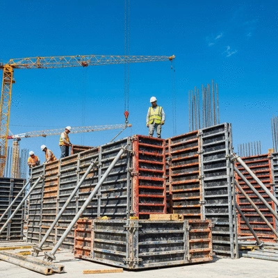 Construction workers assembling modular formwork on a building site