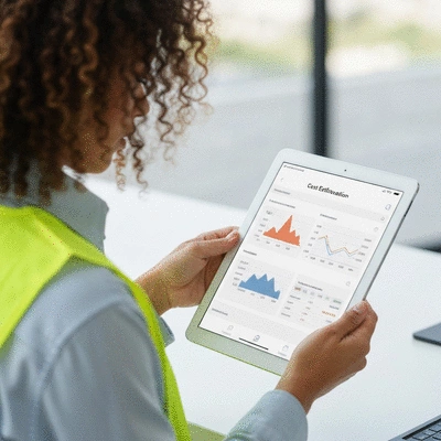 Modern construction worker using a tablet with a cost estimation app, clean, professional, no text, no words, no typography, 8K, natural lighting
