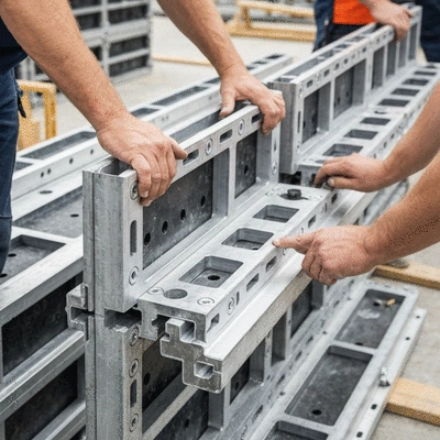 Detailed close-up of aluminum formwork panels being assembled on a construction site