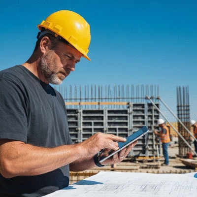 A construction worker reviewing blueprints on a digital tablet at a site with aluminum formwork