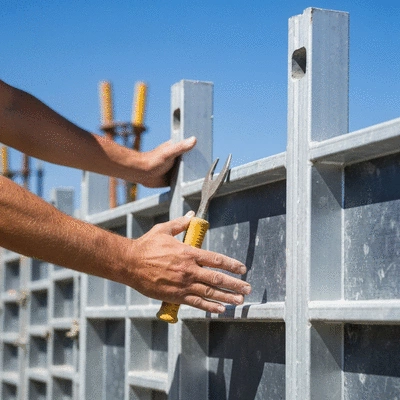 Close-up of hands working with aluminium formwork panels on a construction site, focus on detail, no text, no words, no typography, clean image