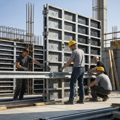 Construction workers assembling lightweight aluminium formwork panels on a building site
