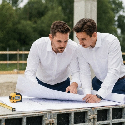 Architect reviewing blueprints with construction team on site, showing project planning