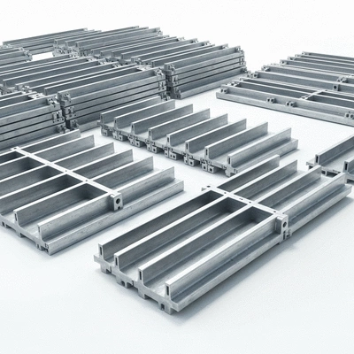 Prefabricated aluminium formwork components laid out for assembly on a construction site
